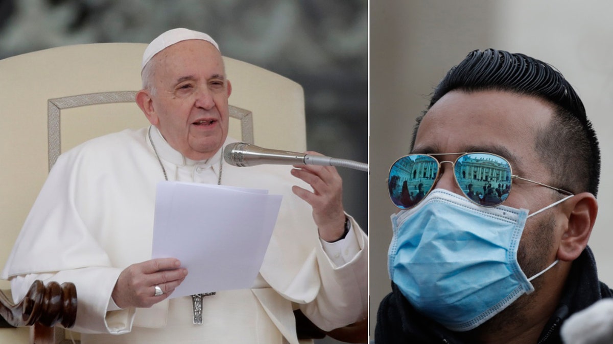Pope Francis gives his speech during the general audience as faithful wear masks in St. Peter's Square at the Vatican, Wednesday, Feb. 26, 2020.