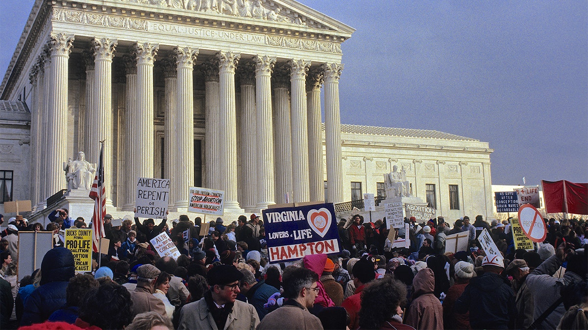 The annual March for Life protest in front of the US Supreme Court in 1991. The March for Life is an annual pro-life rally protesting abortion, held in Washington, D.C., on or around the anniversary of the United States Supreme Court's decision legalizing abortion in the case Roe v. Wade. (Photo by Mark Reinstein/Corbis via Getty Images)