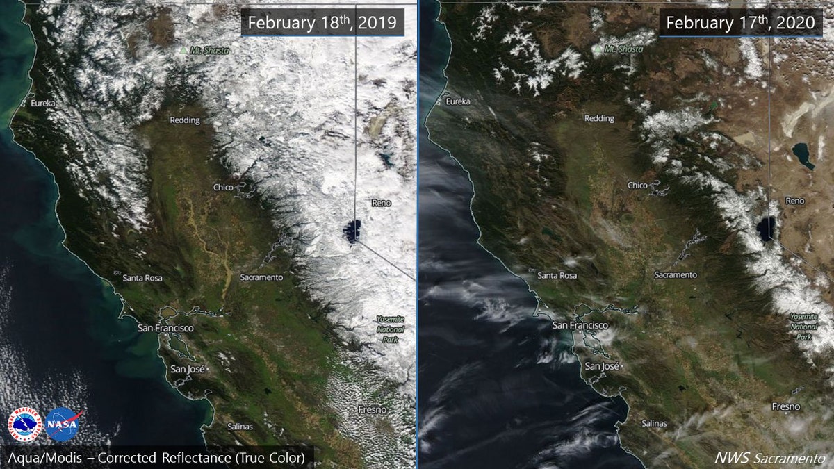 Side-by-side photos from NASA show the difference in snowpack in Northern California from 2019 to 2020.