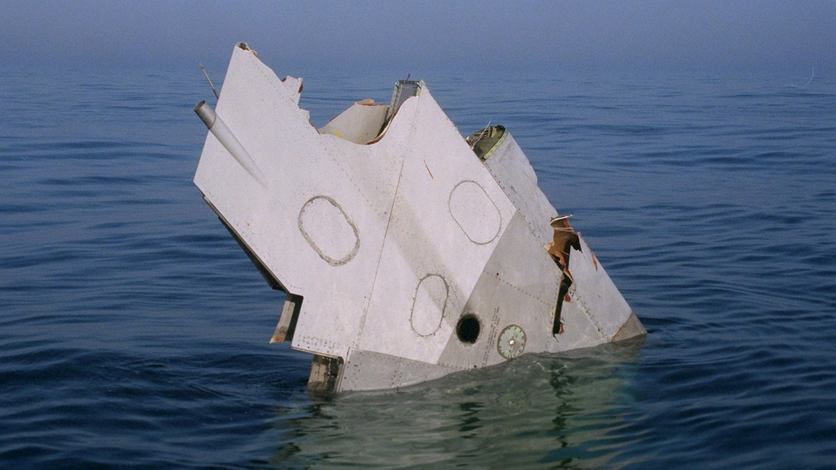 A large piece of wing floats in the Atlantic Ocean where TWA Flight 800 exploded in midair and crashed, killing all 230 people aboard. (Getty Images)