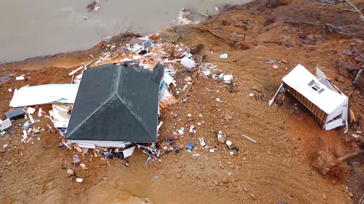 The devastation caused by a landslide in Morris Chapel, Tennessee, can be seen in drone footage from Hardin County Fire Chief Melvin Martin.