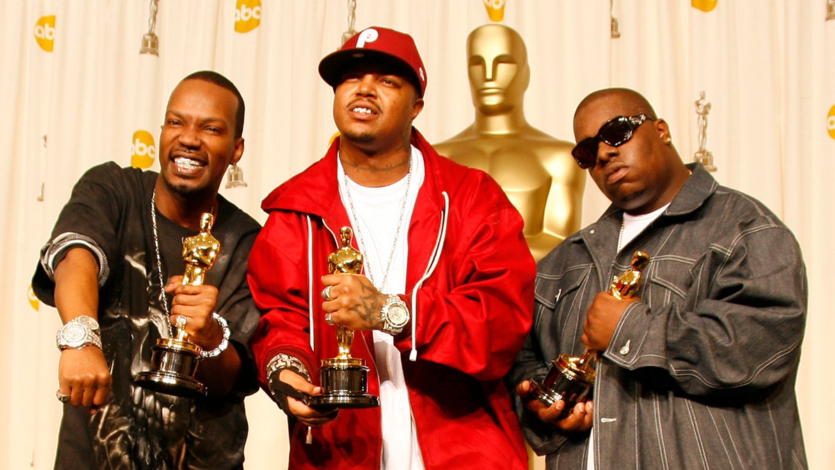 Jordan Houston, Paul Beauregard and Cedric Coleman of Three 6 Mafia, winners Best Song for "It's Hard Out Here for a Pimp? from "Hustle &amp; Flow" during the 78th Annual Academy Awards. (Photo by Steve Granitz/WireImage)