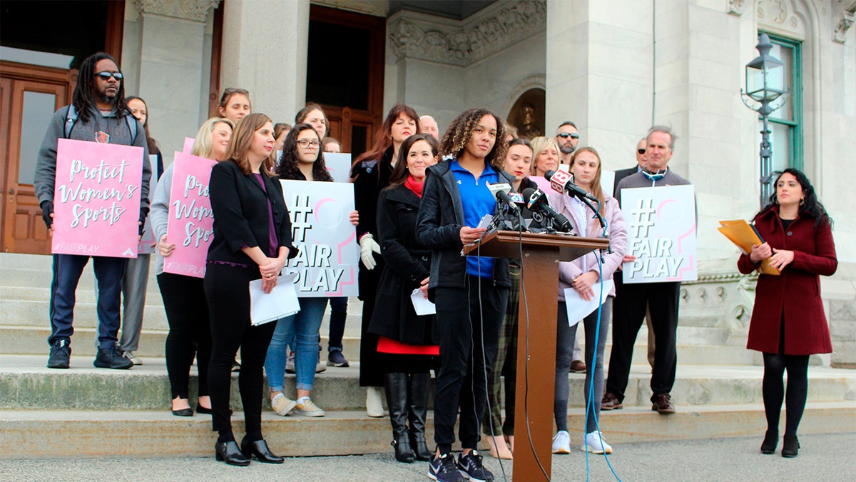 Danbury High School sophomore Alanna Smith speaks during a news conference announcing her lawsuit at the Connecticut state capitol in Hartford last week. (AP Photo/Pat Eaton-Robb)