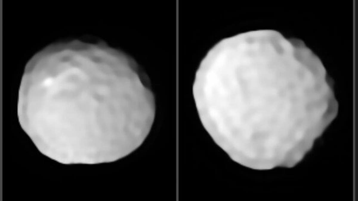 A pair of images show two views of Pallas with its pock-marked surface. (Massachusetts Institute of Technology)