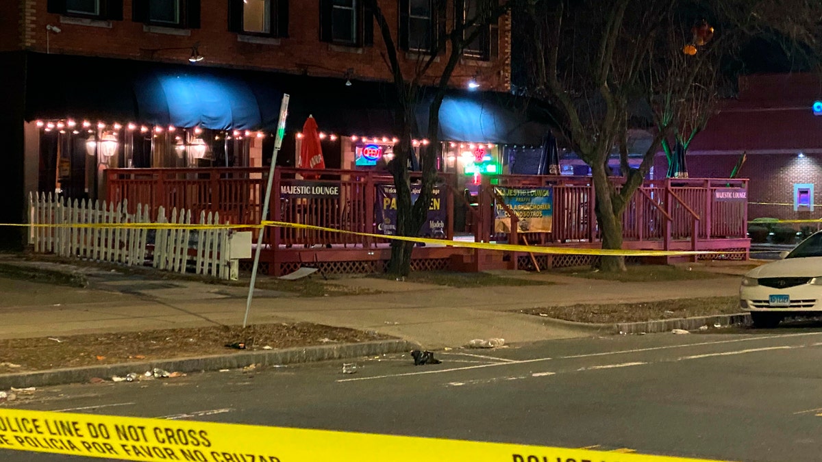 In this photo provide by Channel 3 Eyewitness News (WFSB-TV), a view of the scene of a shooting at the Majestic Lounge, in Hartford, Connecticut, Sunday, Feb. 16, 2020.