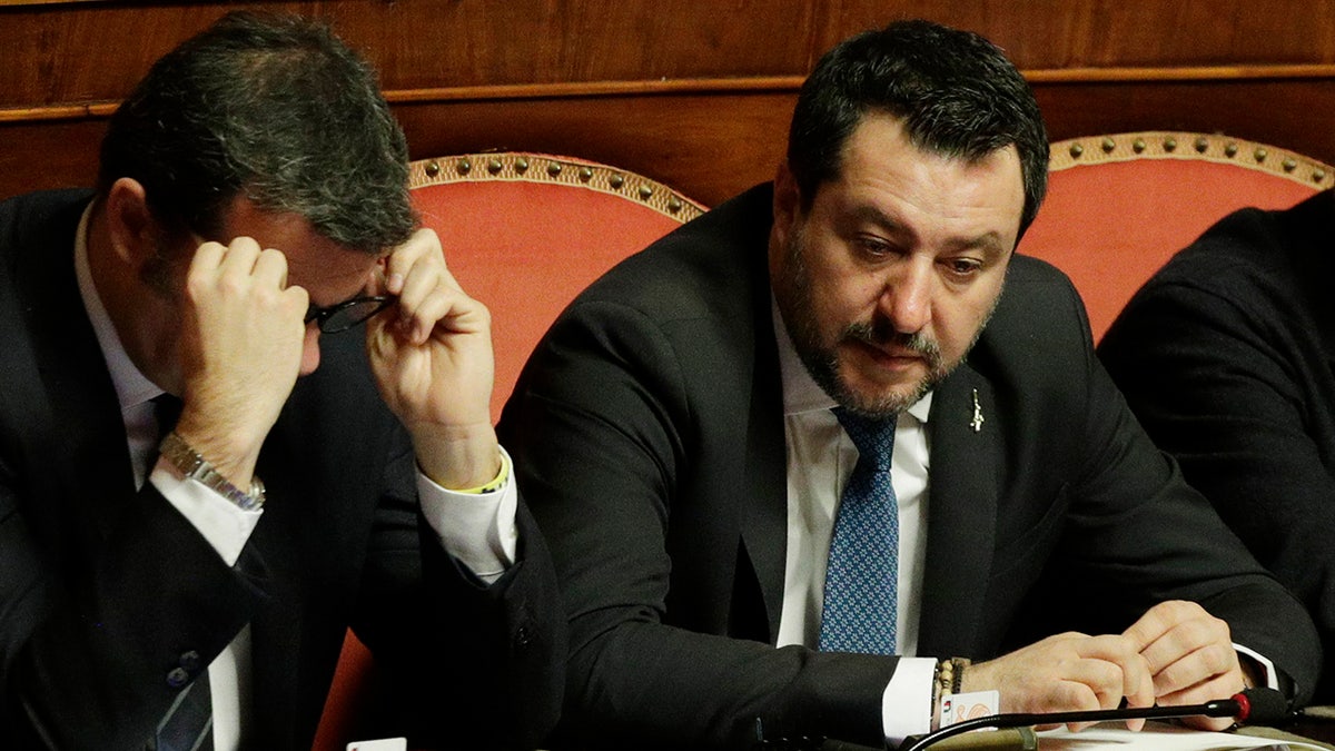 The League leader Matteo Salvini attends a debate at Senate, prior to a vote on lifting his parliamentary immunity, on the case of an Italian coast guard ship Gregoretti, which was blocked for days when he was Minister of Interior before letting migrants disembark. (AP Photo/Andrew Medichini)