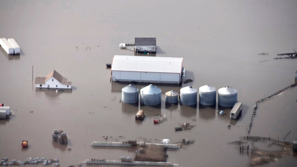 This March 2019, file photo, taken by the South Dakota Civil Air Patrol and provided by the Iowa Department of Homeland Security and Emergency Management shows flooding along the Missouri River in rural Iowa north of Omaha, Neb.