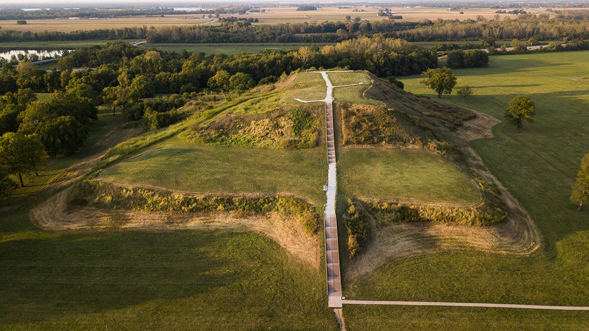 The largest earthen mound in North America, aerial view of Monk's Mound at Cahokia.