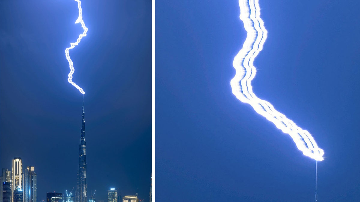 Three lightning bolts appear to hit the Burj Khalifa simultaneously in what may be the clearest picture ever taken of the phenomena known as 'Ribbon lightning'. (Credit: SWNS)
