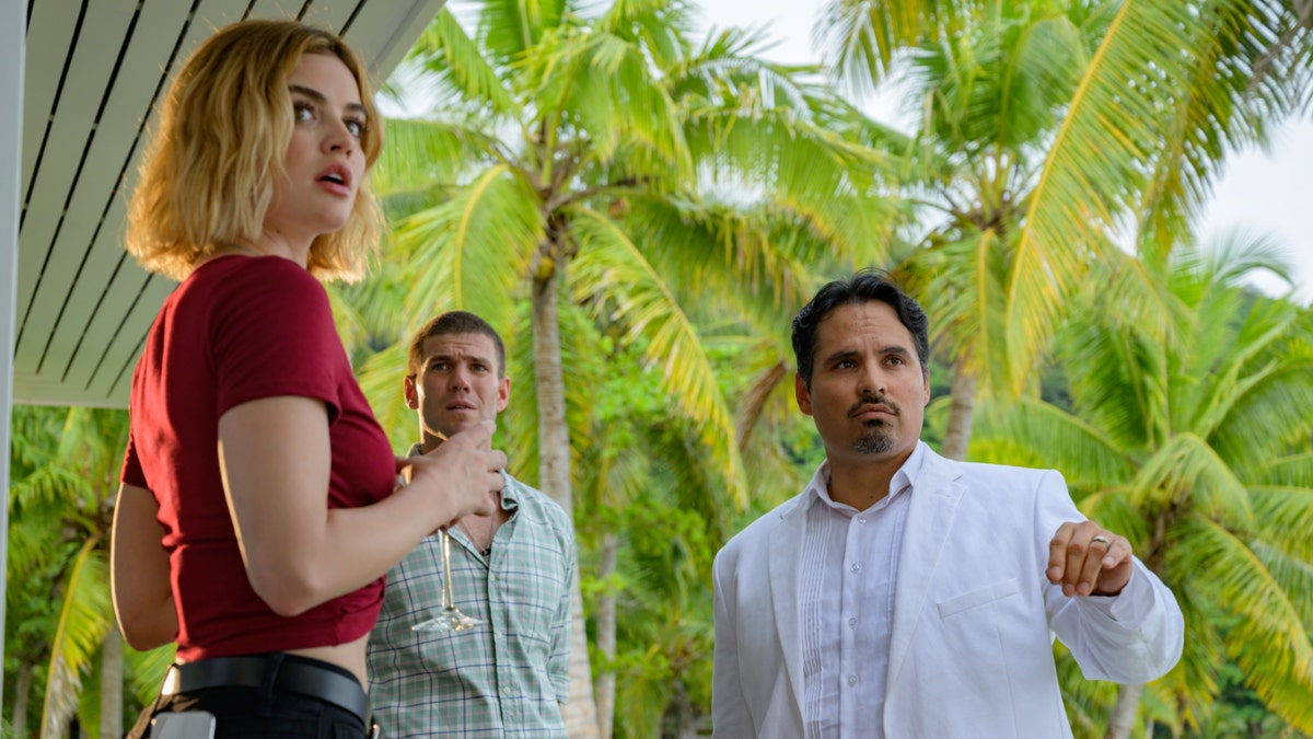 (L-R): Lucy Hale, Austin Stowell and Michael Peña in "Fantasy Island"