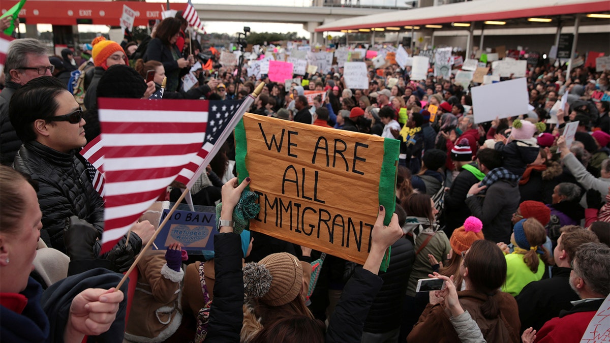 Demonstrators yell slogans during an anti-Donald Trump travel ban protest outside Hatfield-Jackson Atlanta International Airport in Atlanta. (REUTERS/Chris Aluka Berry)