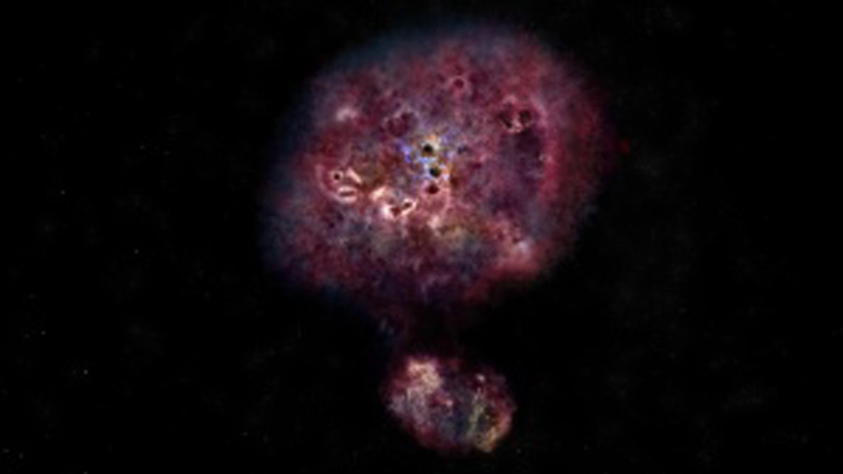 Artist impression of a massive, dusty galaxy. This is similar to what XMM-2599 looked like in visible light when it was forming its stars. (Credit: NRAO/AUI/NSF, B. SAXTON)