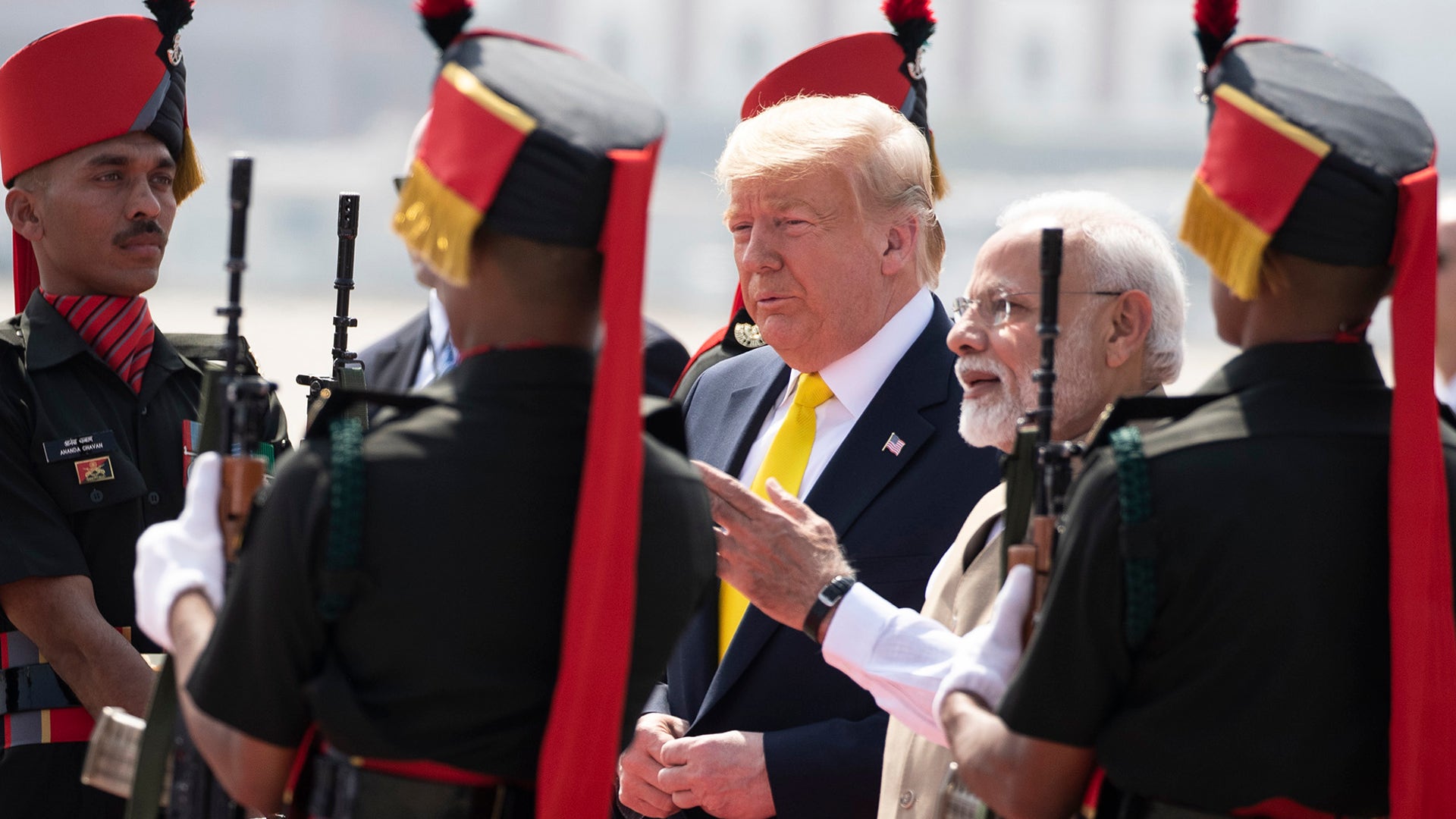 President Trump is greeted by Indian Prime Minister Narendra Modi upon arrival in Ahmedabad, India. 