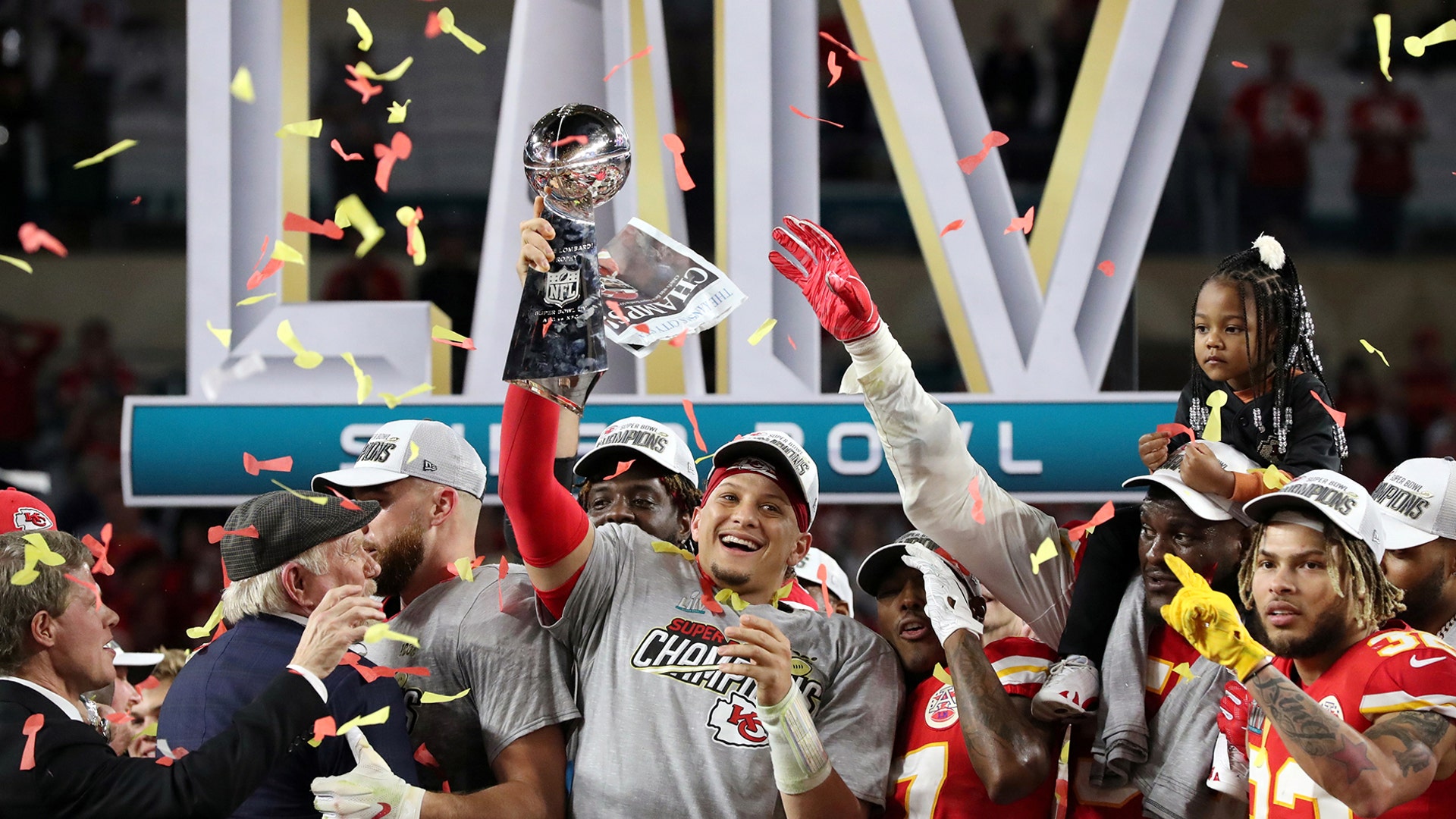 Kansas City Chiefs' Patrick Mahomes celebrates with the Vince Lombardi trophy after winning the Super Bowl in Miami, Feb 2, 2020.