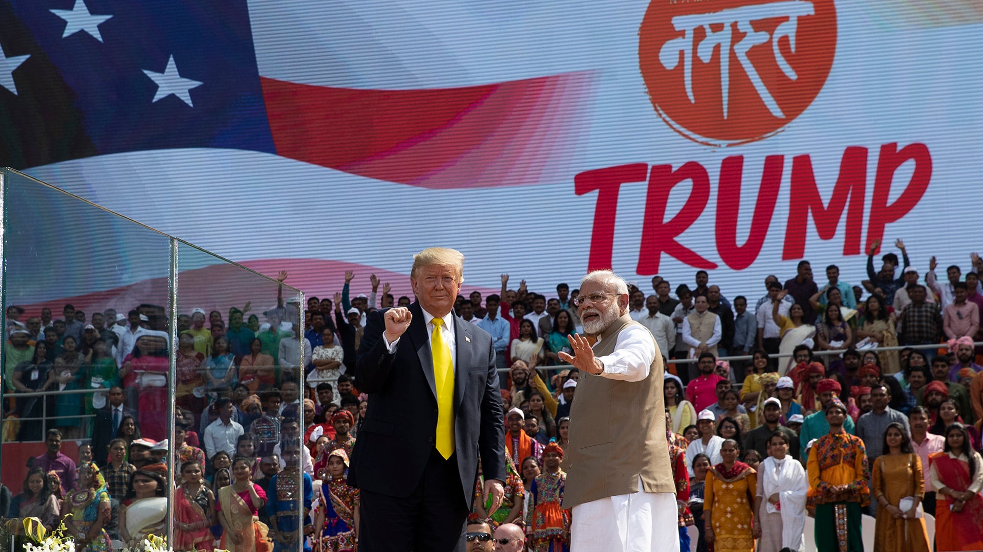 President Trump and Indian Prime Minister Narendra Modi wave after a "Namaste Trump," event at Sardar Patel Gujarat Stadium, in Ahmedabad, India. 