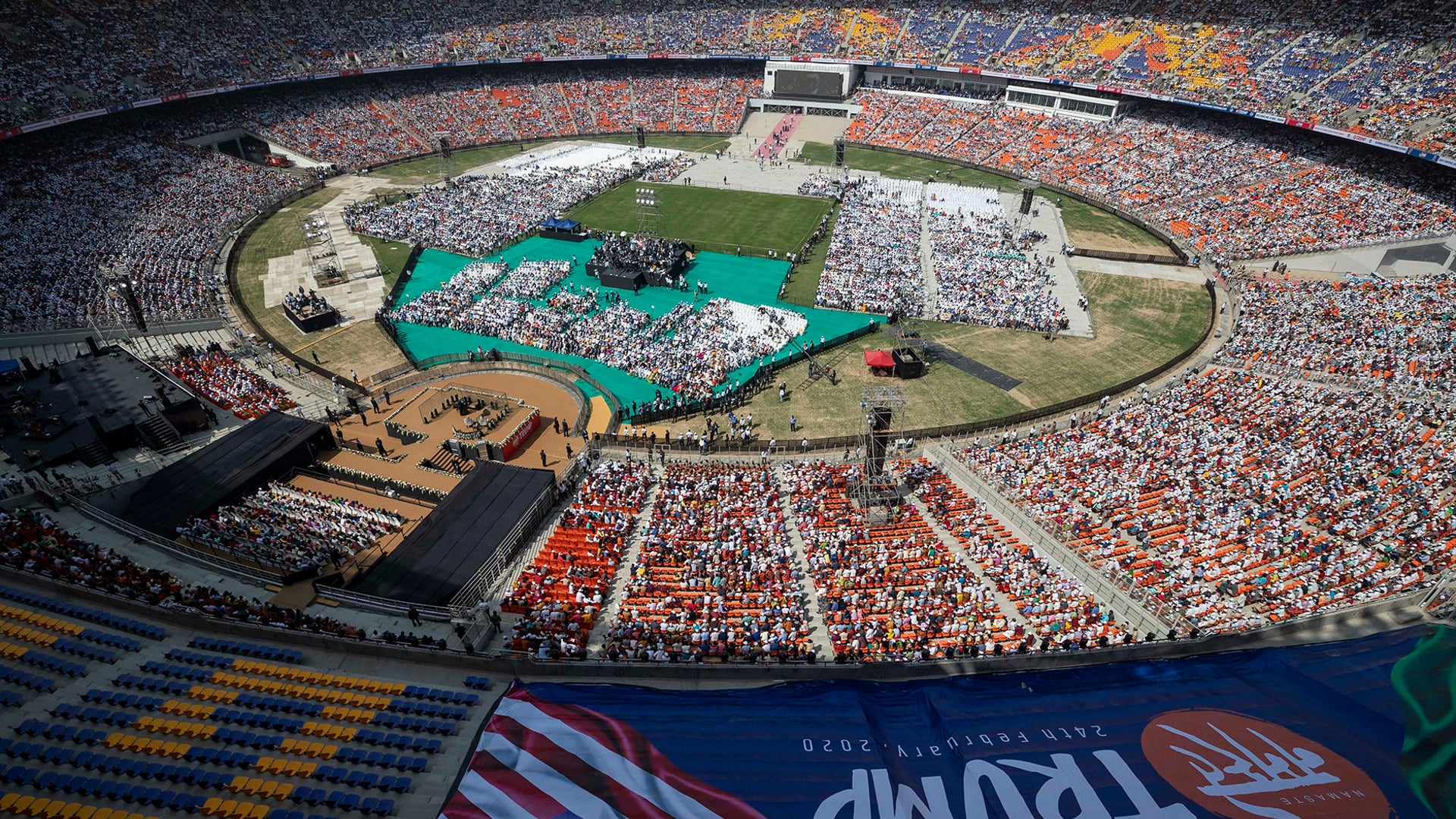 President Trump speaks at Sardar Patel Stadium in Ahmedabad, India. 