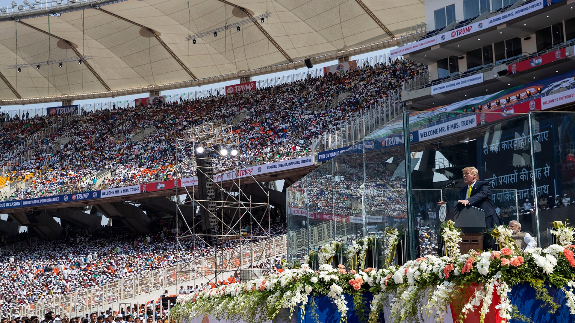 President Trump addresses the crowd during a "Namaste Trump," event in Ahmedabad, India.