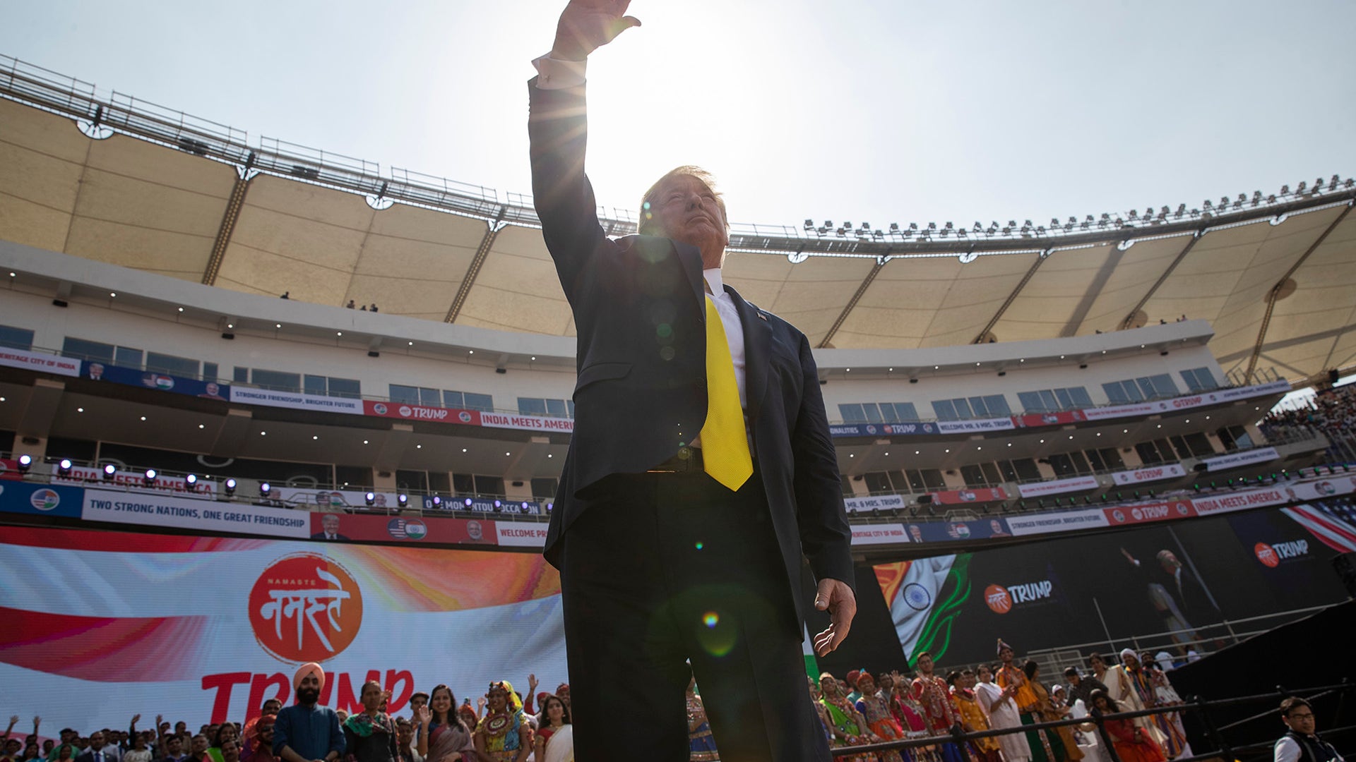 President Trump waves as he departs Sardar Patel Stadium in Ahmedabad, India. 