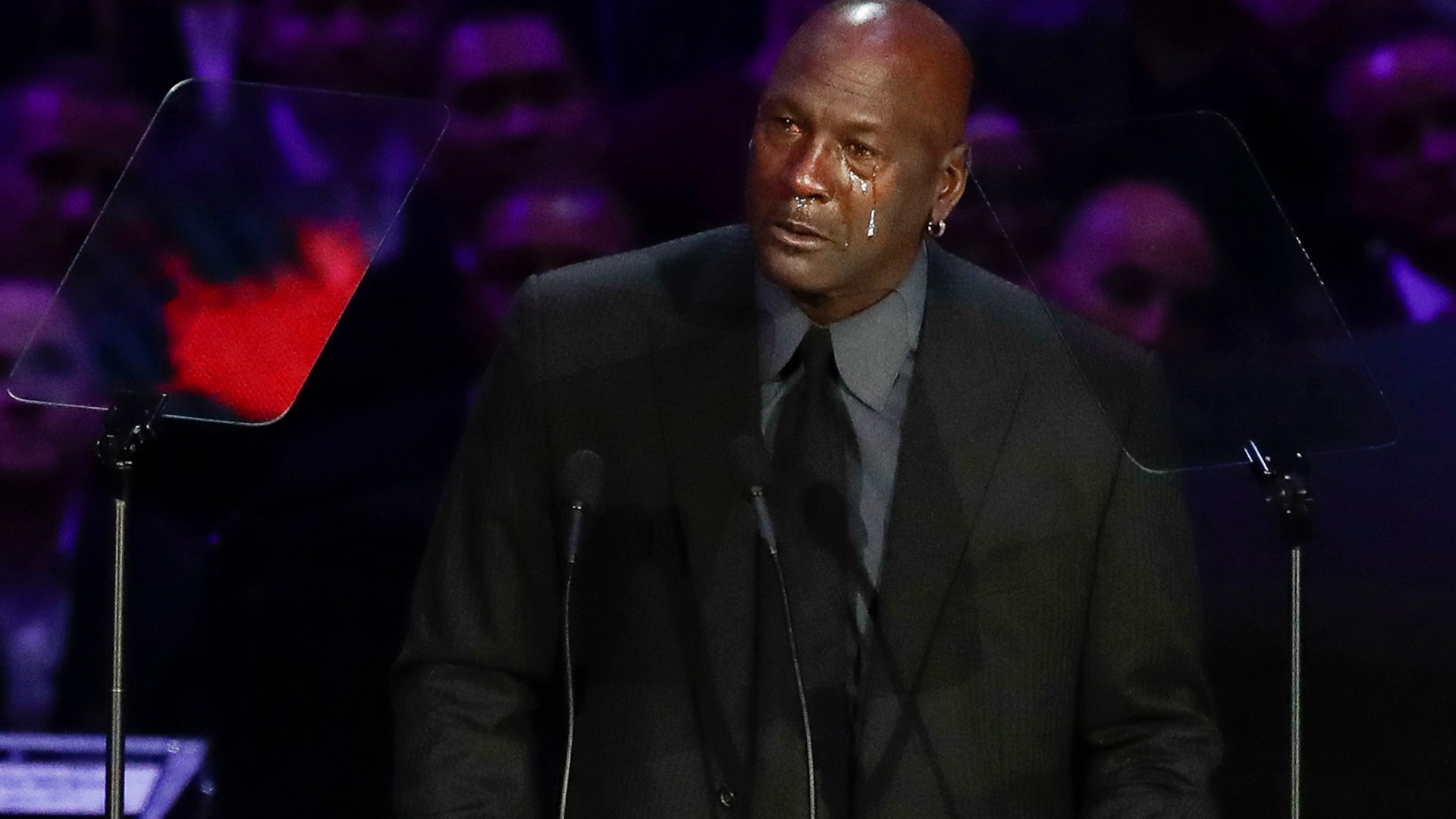 Former NBA player Michael Jordan cries while speaking during a celebration of life for Kobe Bryant and his daughter Gianna in Los Angeles, Feb. 24, 2020. 