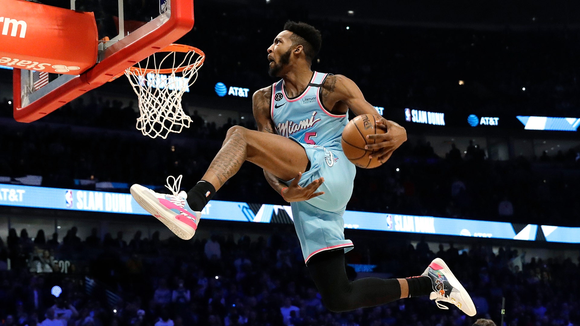 Miami Heat's Derrick Jones Jr. heads to the basket on his way to winning the NBA All-Star slam dunk contest in Chicago, Feb. 15, 2020.