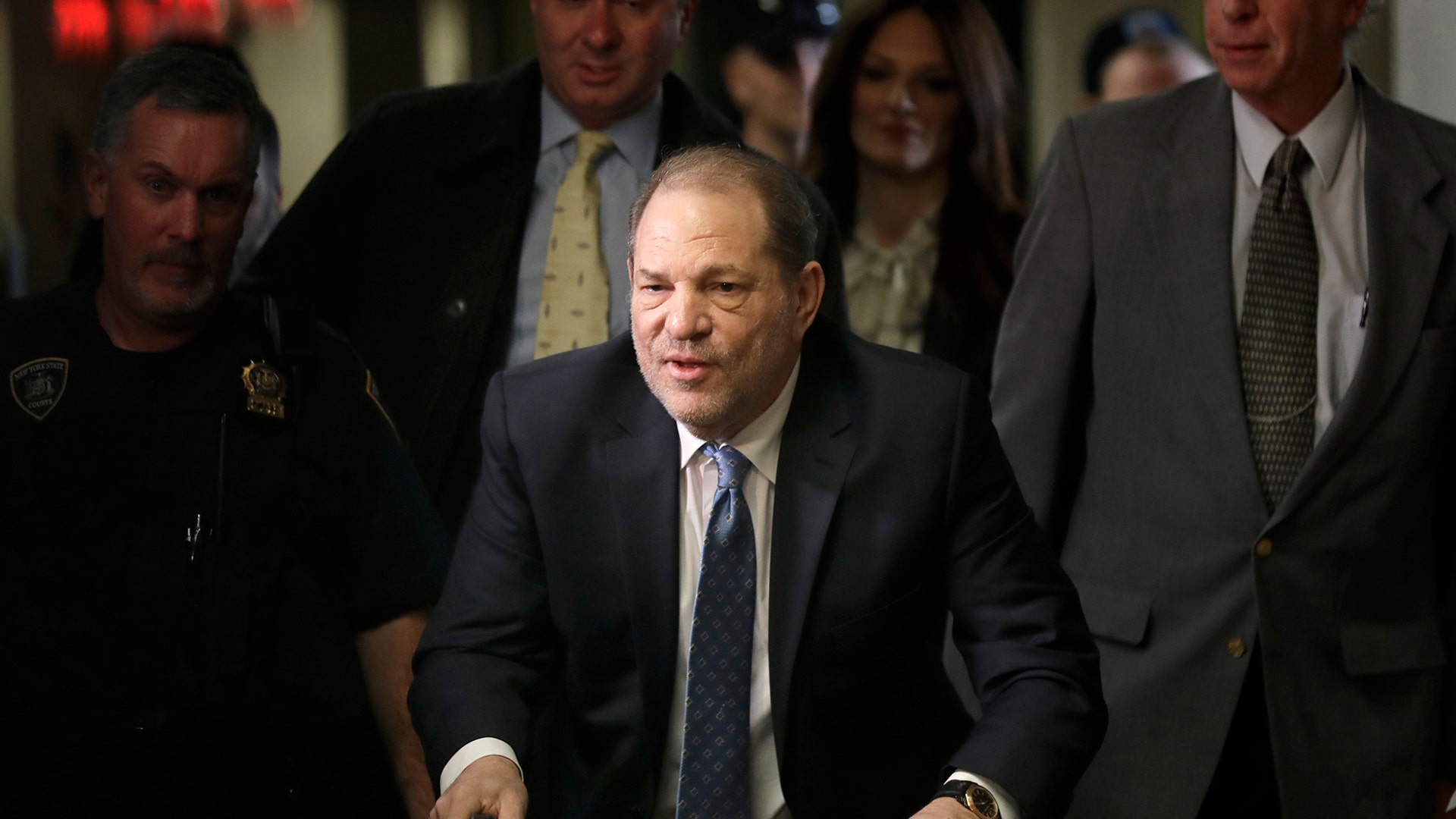Harvey Weinstein arrives at a Manhattan courthouse for jury deliberations in his rape trial in New York City, Feb. 24, 2020. 