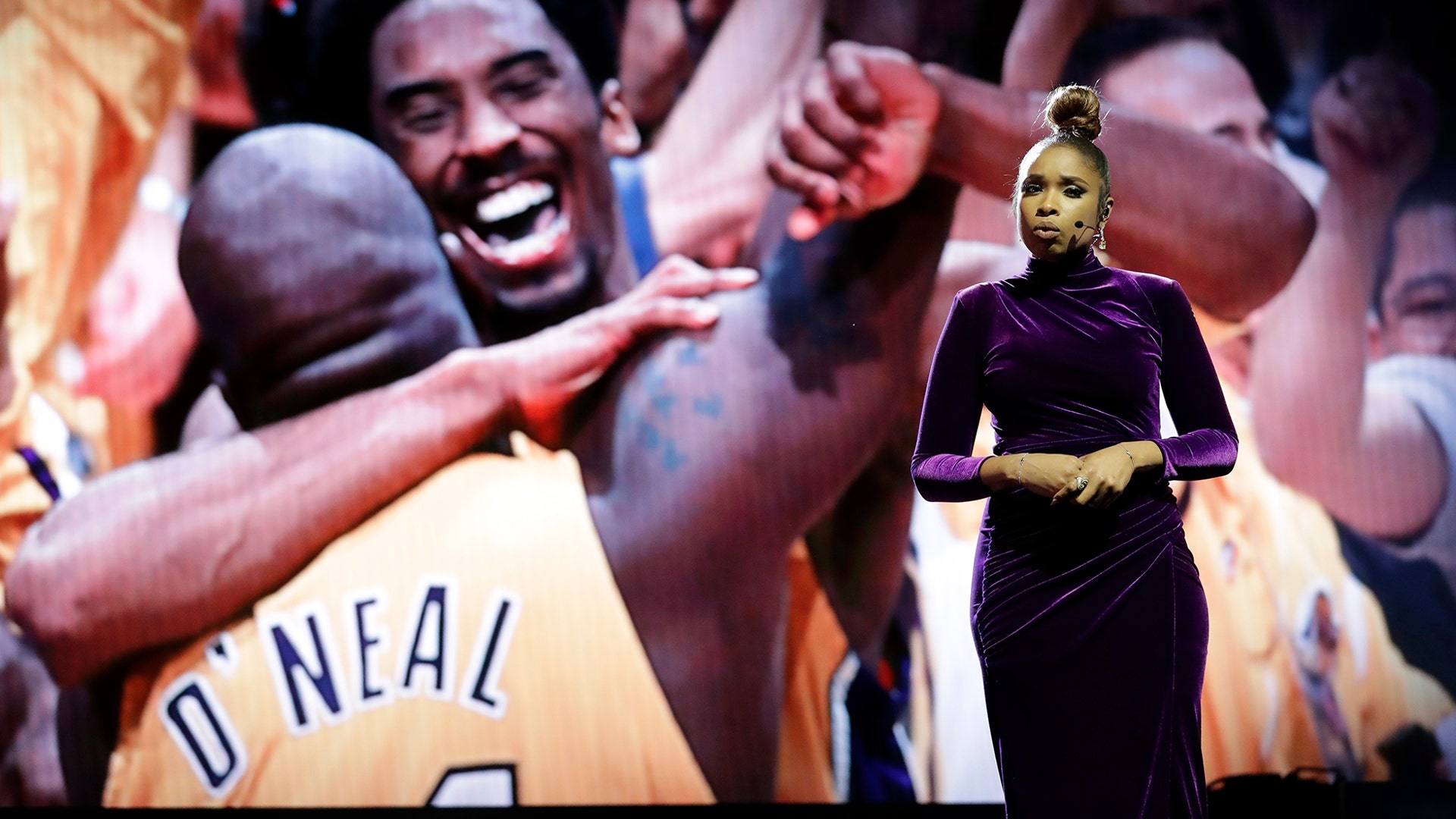 Jennifer Hudson sings a tribute to former NBA All-Star Kobe Bryant and his daughter Gianna before the NBA All-Star basketball game in Chicago, Feb. 16, 2020.