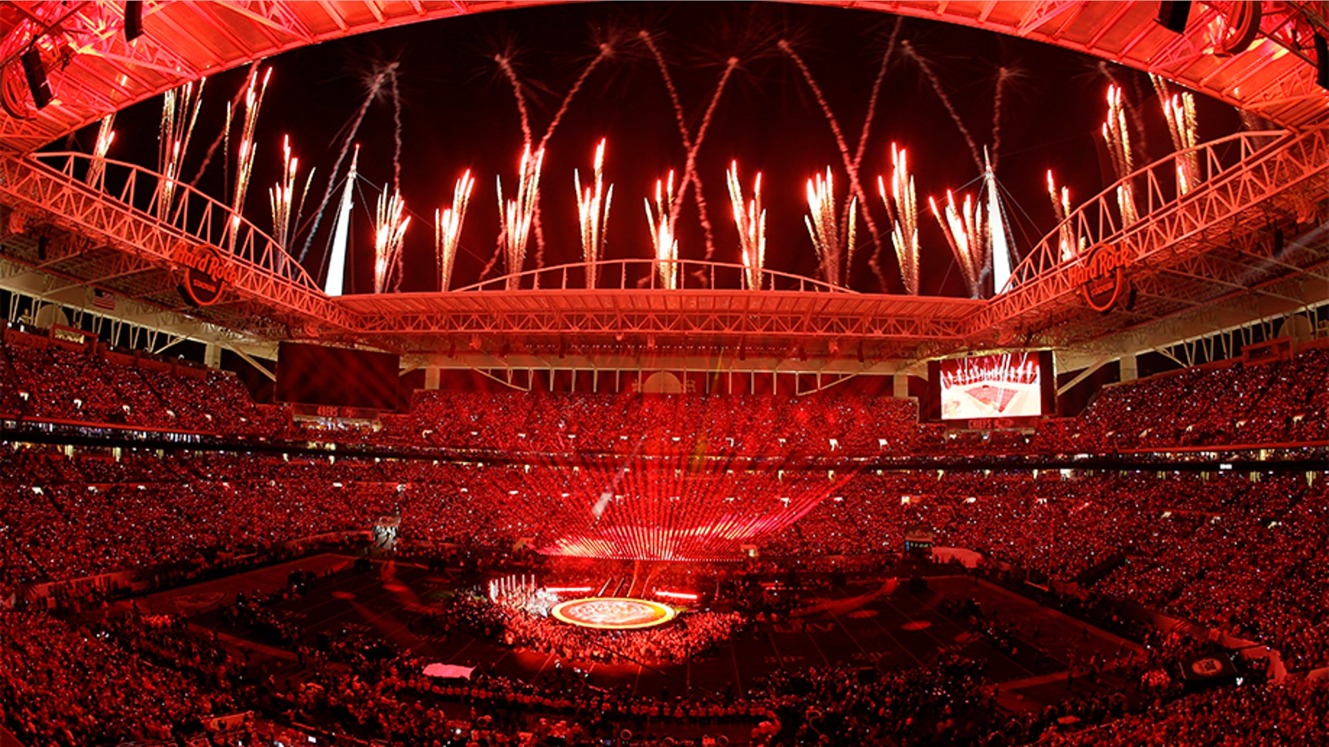 Fireworks go off during the halftime show in Miami Gardens, Fla.