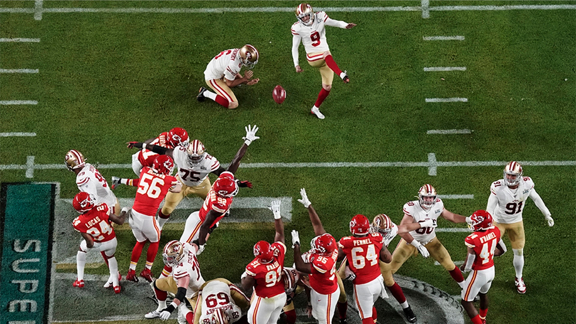 San Francisco 49ers' Robbie Gould (9) kicks a field goal as Mitch Wishnowsky holds, during the second half.