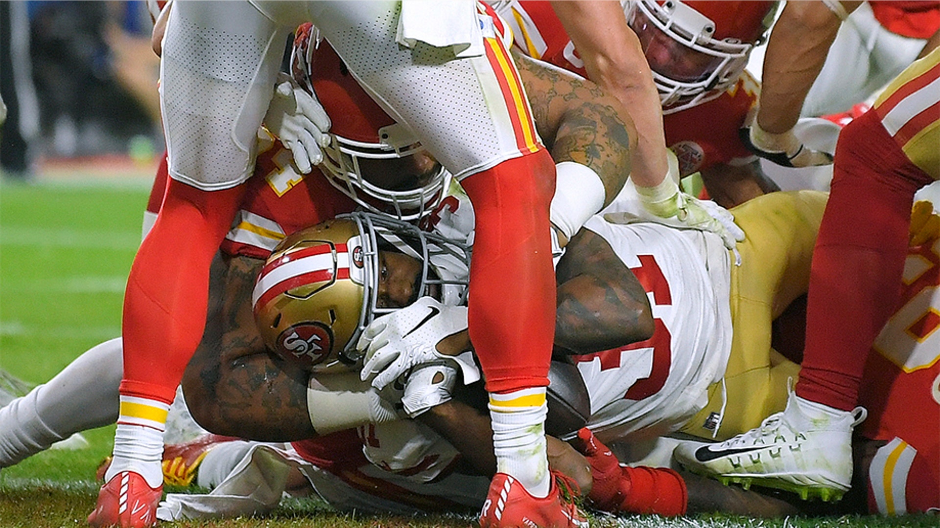 San Francisco 49ers' Raheem Mostert dives across the goal line for a touchdown against the Kansas City Chiefs during the second half.