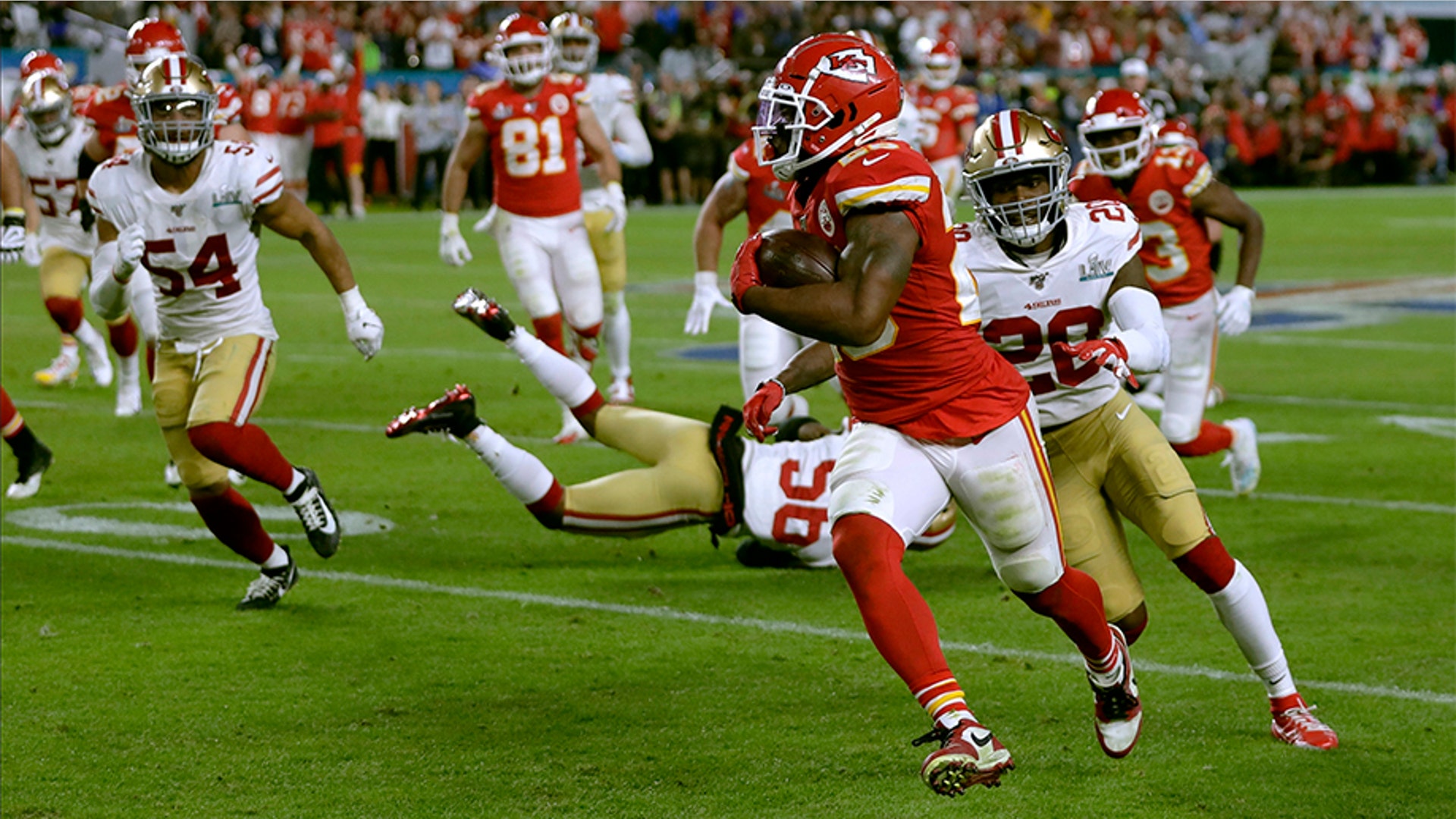Kansas City Chiefs' Damien Williams runs toward the goal line and a touchdown against the San Francisco 49ers during the second half.