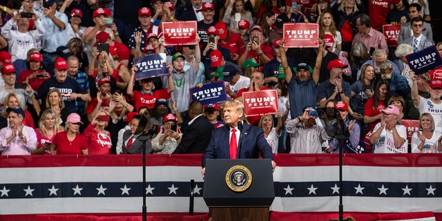 PHOENIX, AZ - FEBRUARY 19: Supporters cheer as President Donald Trump speaks at a rally at the Arizona Veterans Memorial Coliseum on February 19, 2020 in Phoenix, Arizona. President Trump says he will be visiting Arizona frequently in the lead up to the 2020 election. (Photo by Caitlin O'Hara/Getty Images)