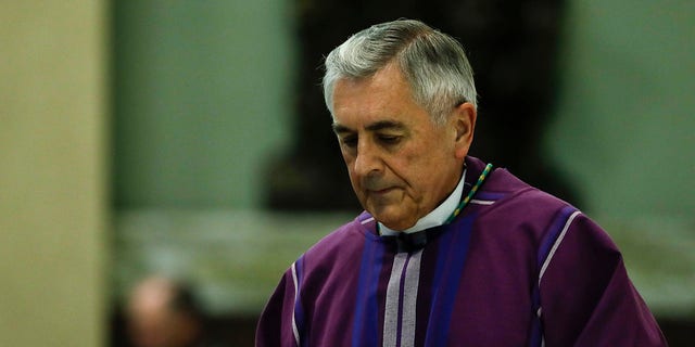 FILE - In this Friday, Aug. 17, 2018 file photo, Bishop Ronald Gainer of the Harrisburg Diocese celebrates Mass at the Cathedral Church of Saint Patrick in Harrisburg, Pa. On Wednesday, Feb. 19, 2020, the Diocese of Harrisburg filed for bankruptcy, six months after disclosing it had paid millions of dollars to people sexually abused as children by its clerics. (AP Photo/Matt Rourke)