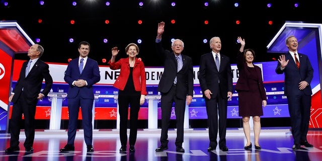 From left, Democratic presidential candidates, former New York City Mayor Mike Bloomberg, former South Bend Mayor Pete Buttigieg, Sen. Elizabeth Warren, D-Mass., Sen. Bernie Sanders, I-Vt., former Vice President Joe Biden, Sen. Amy Klobuchar, D-Minn., and businessman Tom Steyer participate in a Democratic presidential primary debate, Tuesday, Feb. 25, 2020, in Charleston, S.C. (AP Photo/Matt Rourke)