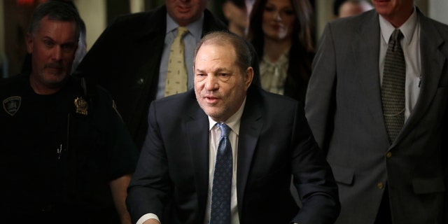 Harvey Weinstein arrives at a Manhattan courthouse for jury deliberations in his rape trial in February.