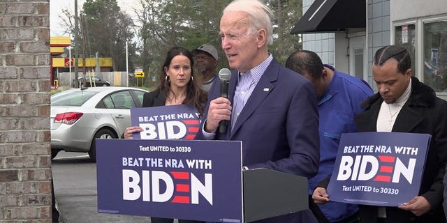 Former Vice President Joe Biden delivers delivering a speech about gun reform outside of Toliver’s Mane Event barbershop in Columbia, SC on Feb. 28, 2020