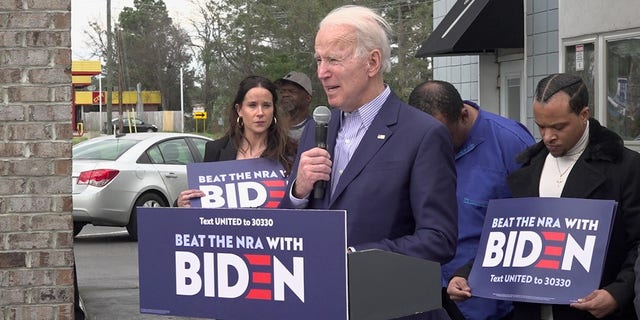 Former Vice President Joe Biden delivers delivering a speech about gun reform outside of Toliver’s Mane Event barbershop in Columbia, SC on Feb. 28, 2020