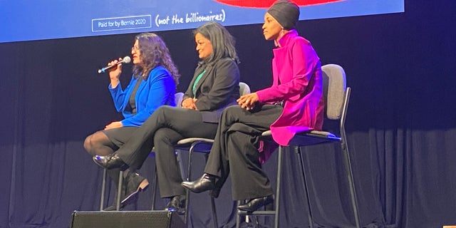 Bernie Sanders surrogates Reps. Rashida Tlaib of Michigan, Pramila Jayapal of Washington State, and Ilhan Omar of Minnesota speak at a Sanders campaign rally and concert on Jan. 31 in Clive, Iowa