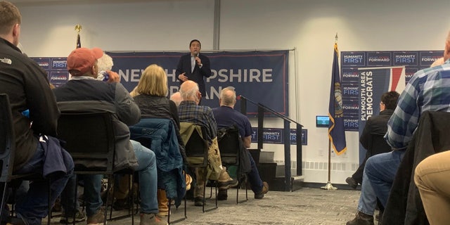 Democratic presidential candidate Andrew Yang speaks at a campaign event in Plymouth, NH on Feb. 6, 2020