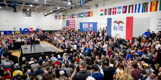 Democratic presidential candidate former Vice President Joe Biden speaks at a campaign stop at Hiatt Middle School, Sunday, Feb. 2, 2020, in Des Moines, Iowa. (AP Photo/Andrew Harnik)