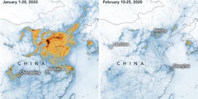 Nitrogen dioxide levels over China decreased dramatically as China continues to grapple with the coronavirus outbreak. 