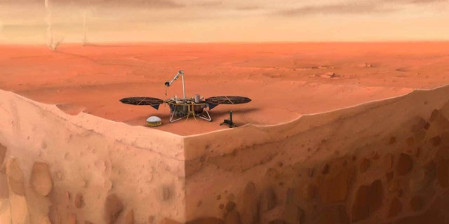 In this artist's concept of NASA's InSight lander on Mars, layers of the planet's subsurface can be seen below and dust devils can be seen in the background. (Credit: IPGP/Nicolas Sarter)