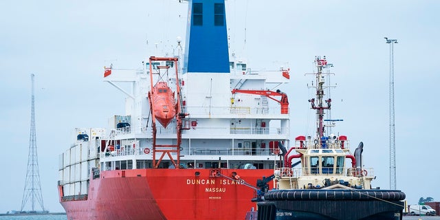 The cargo ship Duncan Island in Kalundborg Harbour in Denmark on Sunday. Danish police say they have arrested 27 people for suspected drug smuggling after having found some 100 kilograms of cocaine at a Bahamas-registered cargo vessel, the Duncan Island, plying on Danish waters. (Claus Bech/Ritzau Scanpix via AP)