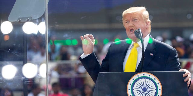 U.S. President Donald Trump speaks during a "Namaste Trump," event at Sardar Patel Stadium in Ahmedabad, India. (AP Photo/Alex Brandon)