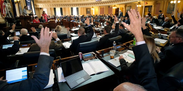 Republican members raise their hands to ask for a recorded vote on one of several gun-related bills during the floor session of the House of Delegates in Richmond, Va last month. (Bob Brown/Richmond Times-Dispatch via AP)