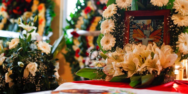 A photo of Homero Gomez Gonzalez rests atop his coffin during his wake in Ocampo, Michoacan state, Mexico, Thursday, Jan. 30, 2020. Relatives of the anti-logging activist who fought to protect the winter habitat of monarch butterflies don't know whether he was murdered or died accidentally, but they say they do know one thing for sure: something bad is happening to rights and environmental activists in Mexico, and people are afraid.(AP Photo/Rebecca Blackwell)