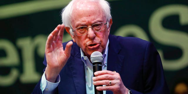 Democratic presidential candidate Sen. Bernie Sanders, I-Vt. , speaking at a campaign event at The Black Box Theater, Saturday, Feb. 1, 2020, in Indianola, Iowa. (AP Photo/Pablo Martinez Monsivais)