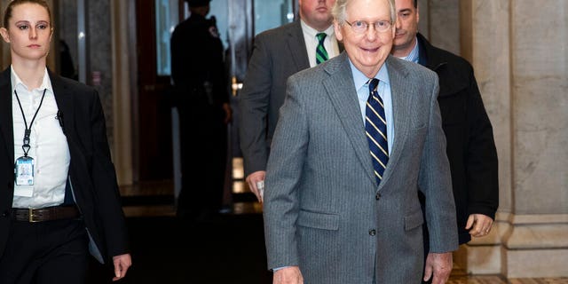 Senate Majority Leader Mitch McConnell of Ky., arrives on Capitol Hill, Monday, Feb. 3, 2020 in Washington. (AP Photo/Alex Brandon)