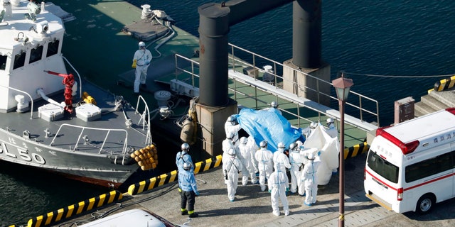 Medical workers in protective suits lead a passenger tested positive for a new coronavirus from the cruise ship Diamond Princess at Yokohama Port in Yokohama, south of Tokyo, Wednesday, Feb. 5, 2020.. (Hiroko Harima/Kyodo News via AP)