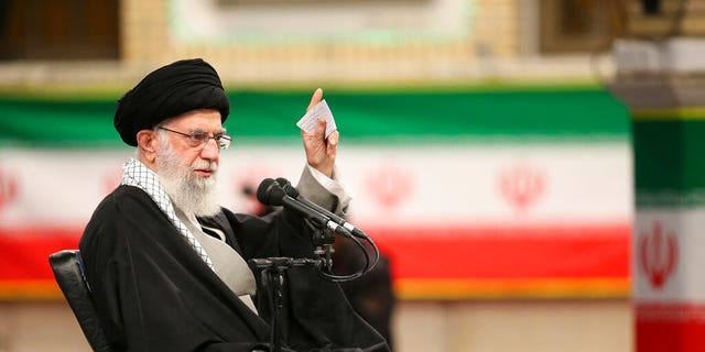 Supreme Leader Ayatollah Ali Khamenei speaks in a meeting in Tehran, Iran, Feb. 5, 2020. Khamenei said Wednesday that Donald Trump's Mideast plan will not outlive the president. (Office of the Iranian Supreme Leader via AP)