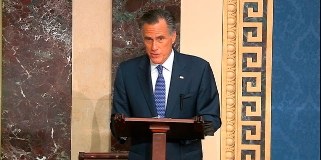 Sen. Mitt Romney, R-Utah, speaks on the Senate floor about the impeachment trial against President Trump on Feb. 5, 2020. (Senate Television via AP)